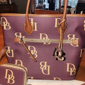 Dooney & Bourke Purple and Tan Logo Tote
